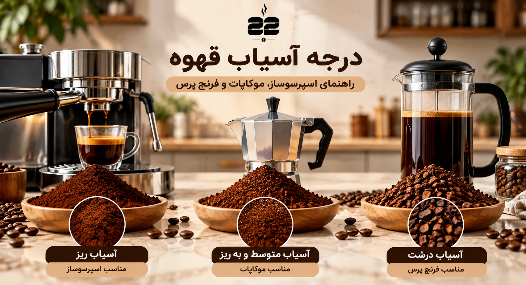 درجه آسیاب قهوه برای اسپرسوساز موکاپات و فرنچ پرس